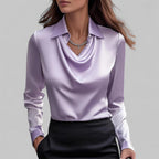 Women's long-sleeve blouse with draped neckline and pointed collar