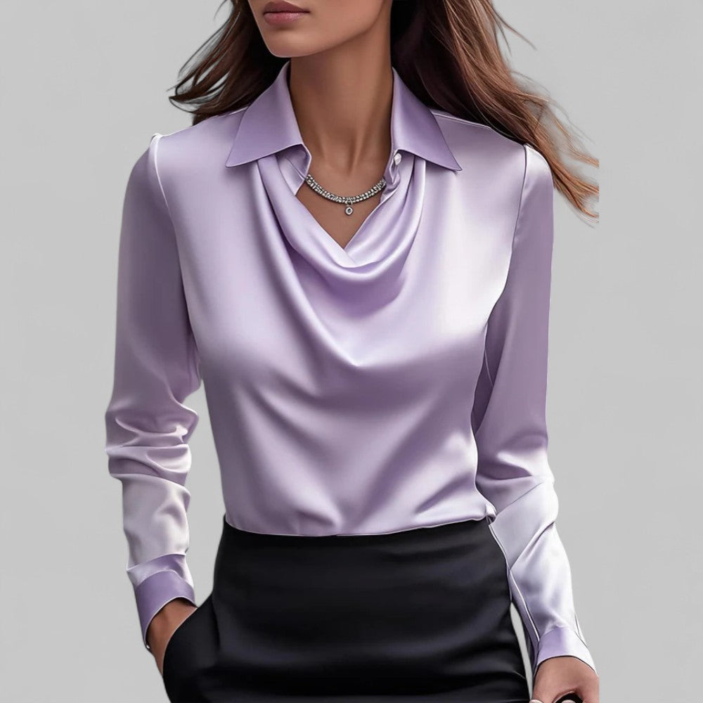 Women's long-sleeve blouse with draped neckline and pointed collar
