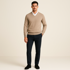 Men's long-sleeve V-neck sweater with ribbed trims worn over a collared shirt