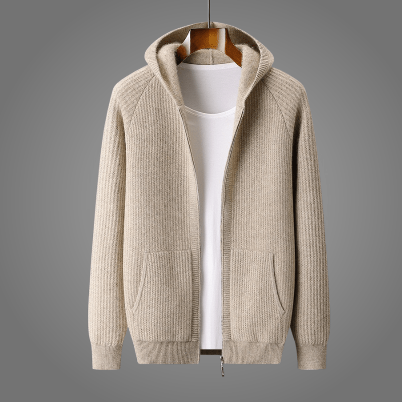 Men's textured hooded zip cardigan with long sleeves and front pockets