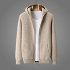 Men's textured hooded zip cardigan with long sleeves and front pockets