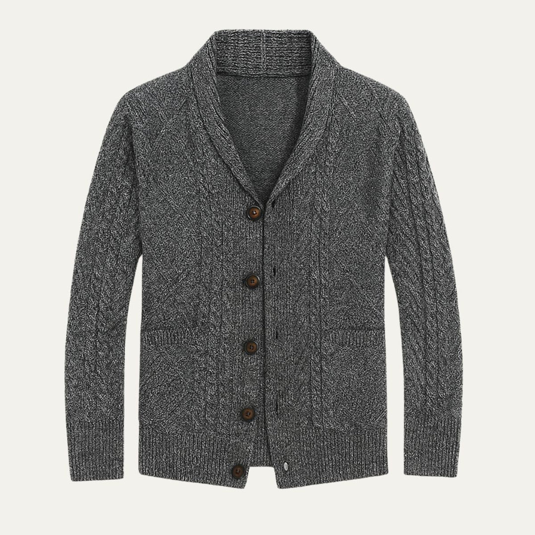 Men's textured knit cardigan with shawl collar, buttons and front patch pockets