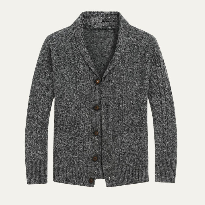 Men's textured knit cardigan with shawl collar, buttons and front patch pockets