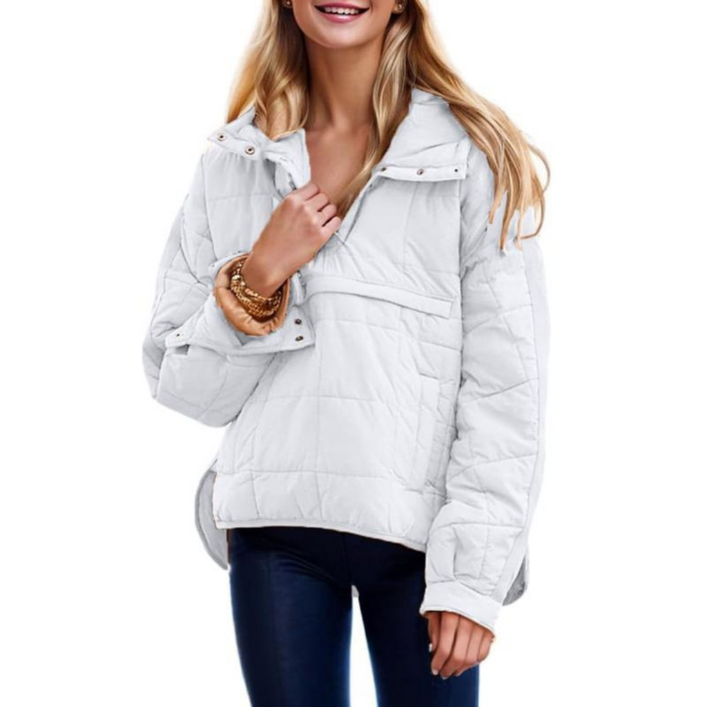 Women's oversized hooded quilted pullover jacket with long sleeves and front pockets