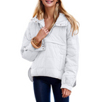 Women's oversized hooded quilted pullover jacket with long sleeves and front pockets