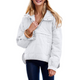 Women's oversized hooded quilted pullover jacket with long sleeves and front pockets