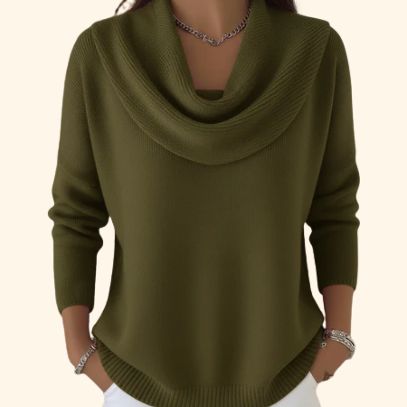 Women's cowl neck sweater with long sleeves and ribbed hem