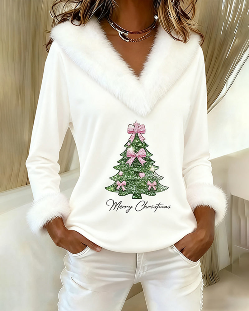 Women's Christmas print top with fluffy collar, long sleeves and Christmas tree graphic