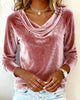 Women's long-sleeved velvet top with draped cowl neckline