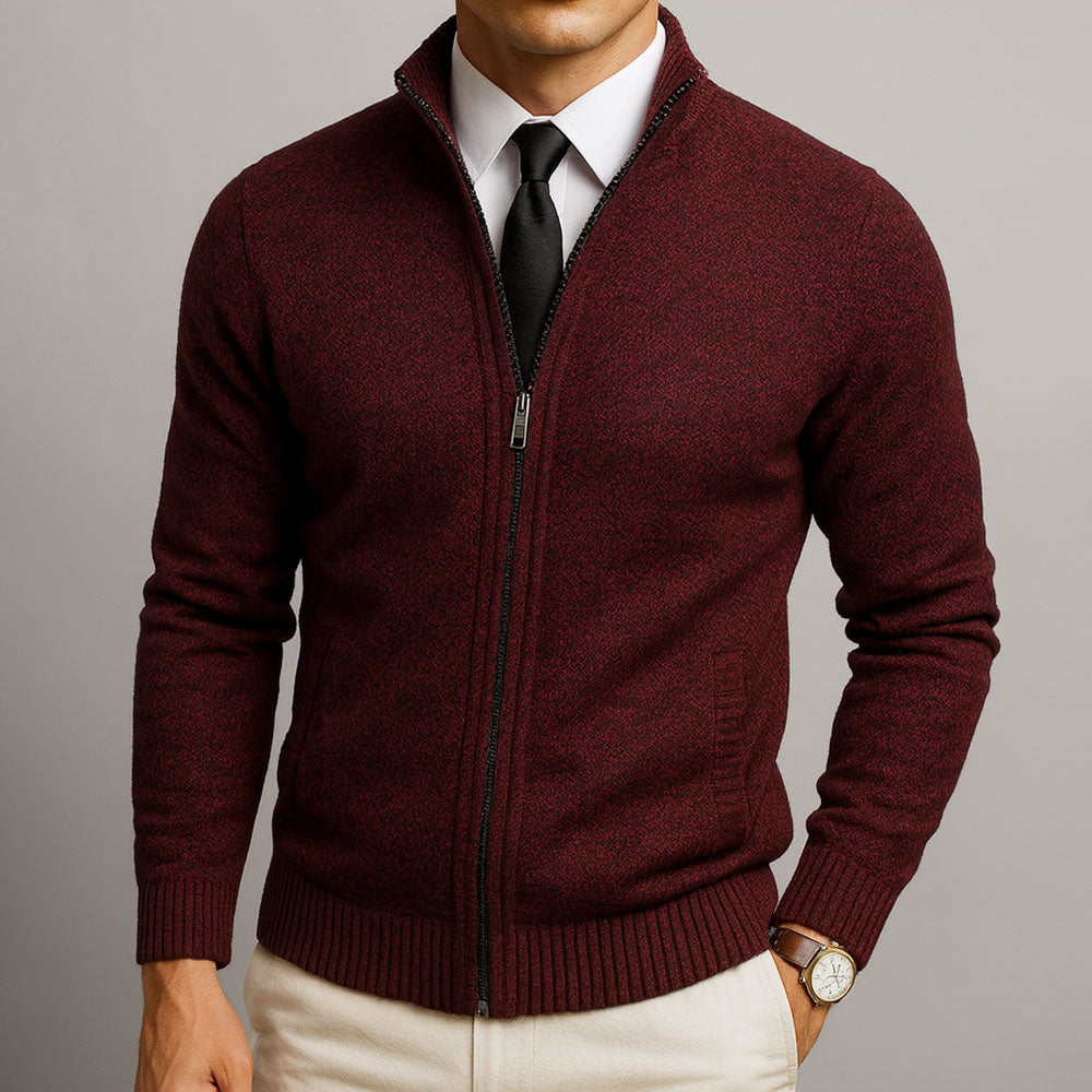 Men's plain knit zip-up cardigan with high collar, long sleeves and zipped pockets