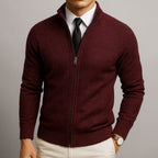 Men's plain knit zip-up cardigan with high collar, long sleeves and zipped pockets