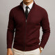 Men's plain knit zip-up cardigan with high collar, long sleeves and zipped pockets