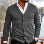 Men's plain V-neck cardigan with buttons and long sleeves