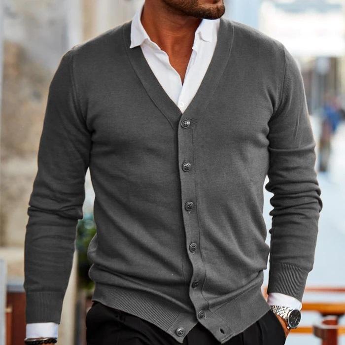 Men's plain V-neck cardigan with buttons and long sleeves