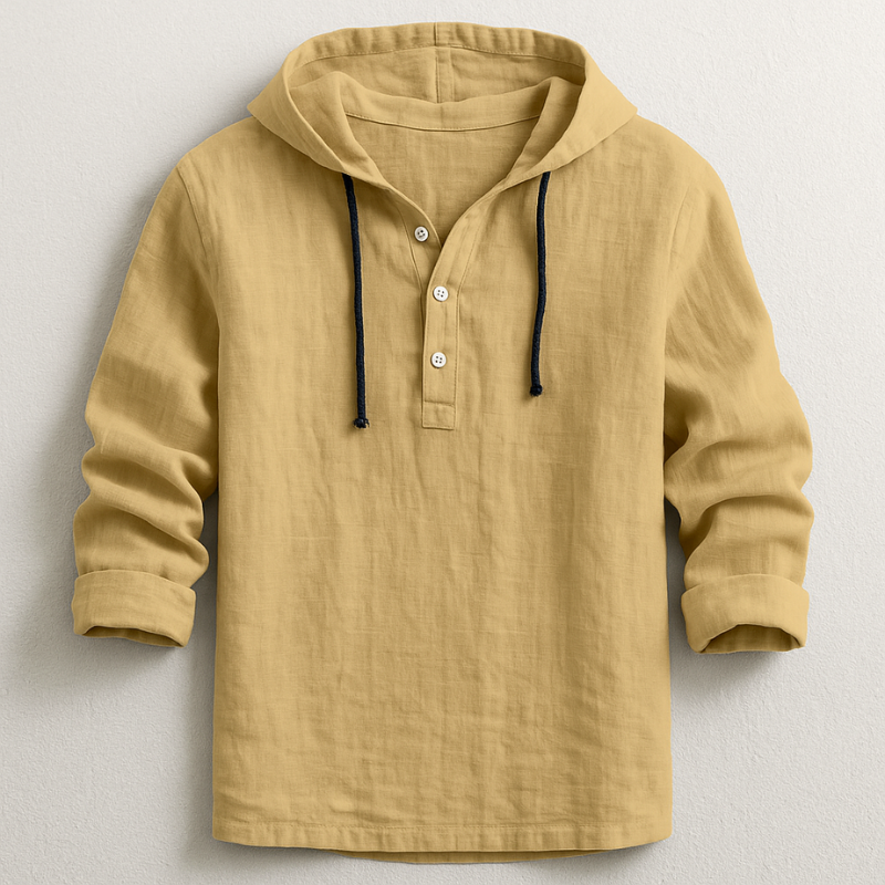 Men's long-sleeved hooded shirt with button placket and drawcords