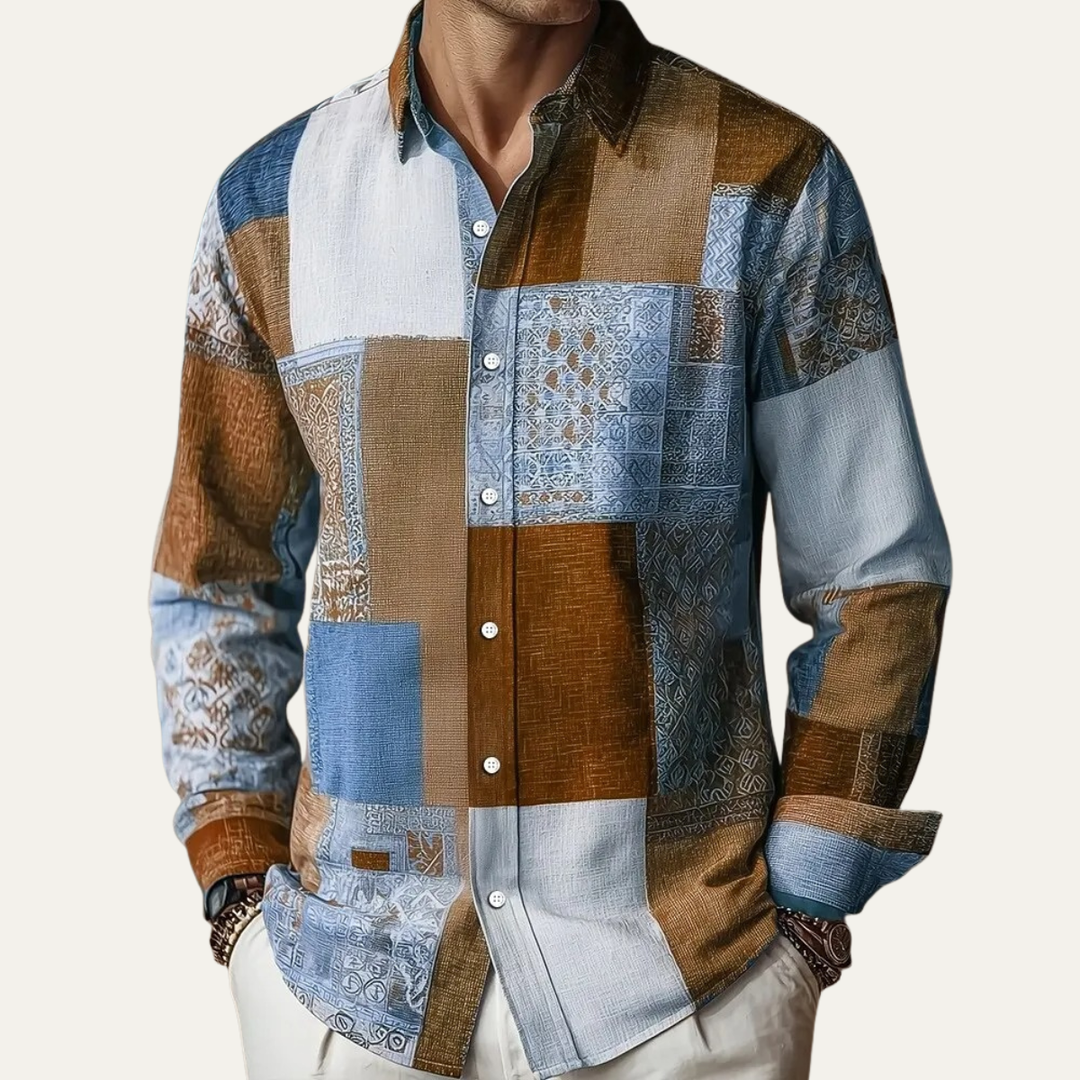 Men's colour block patchwork shirt with long sleeves
