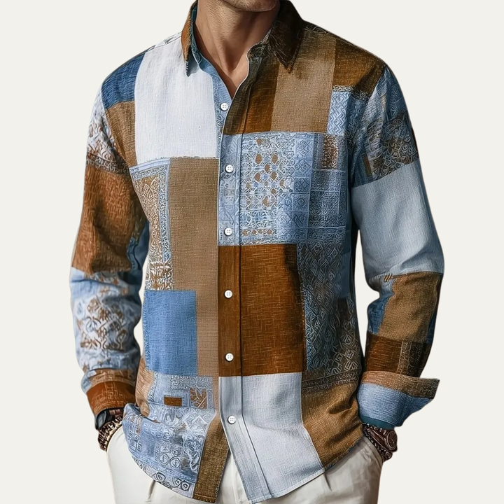Men's colour block patchwork shirt with long sleeves