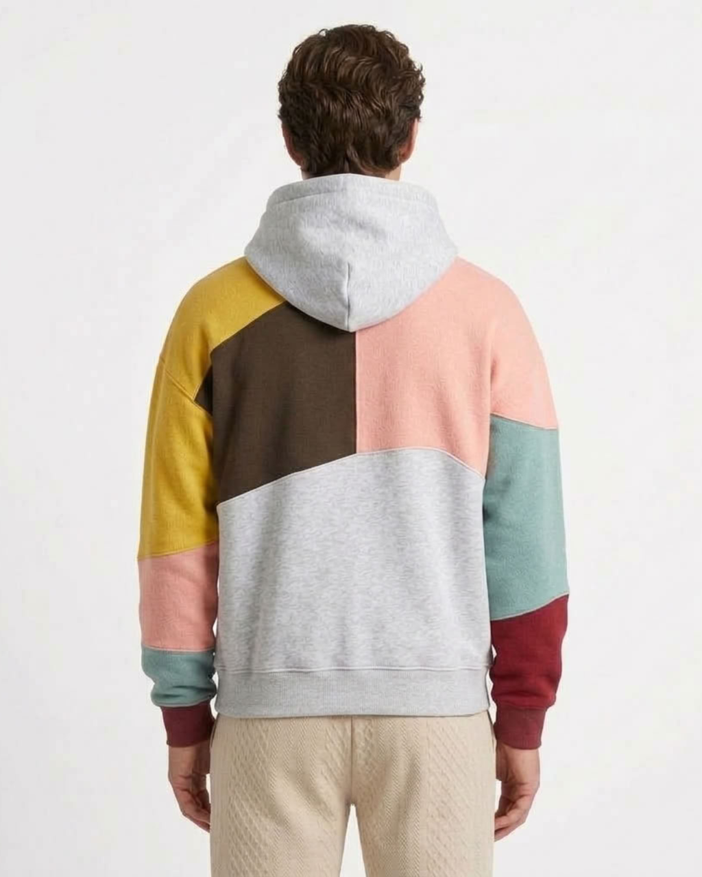 Men's long-sleeve geometric colour-block hooded sweatshirt with kangaroo pocket