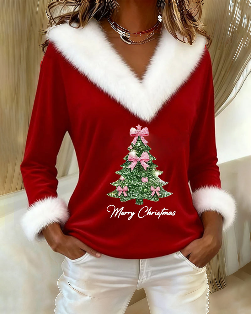 Women's Christmas print top with fluffy collar, long sleeves and Christmas tree graphic