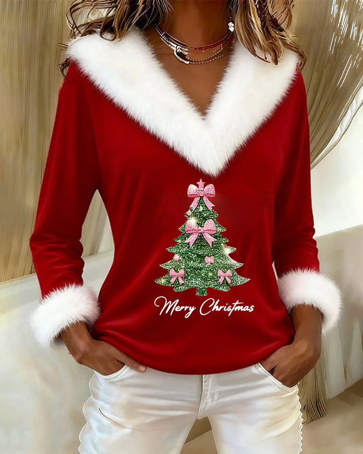 Women's Christmas print top with fluffy collar, long sleeves and Christmas tree graphic