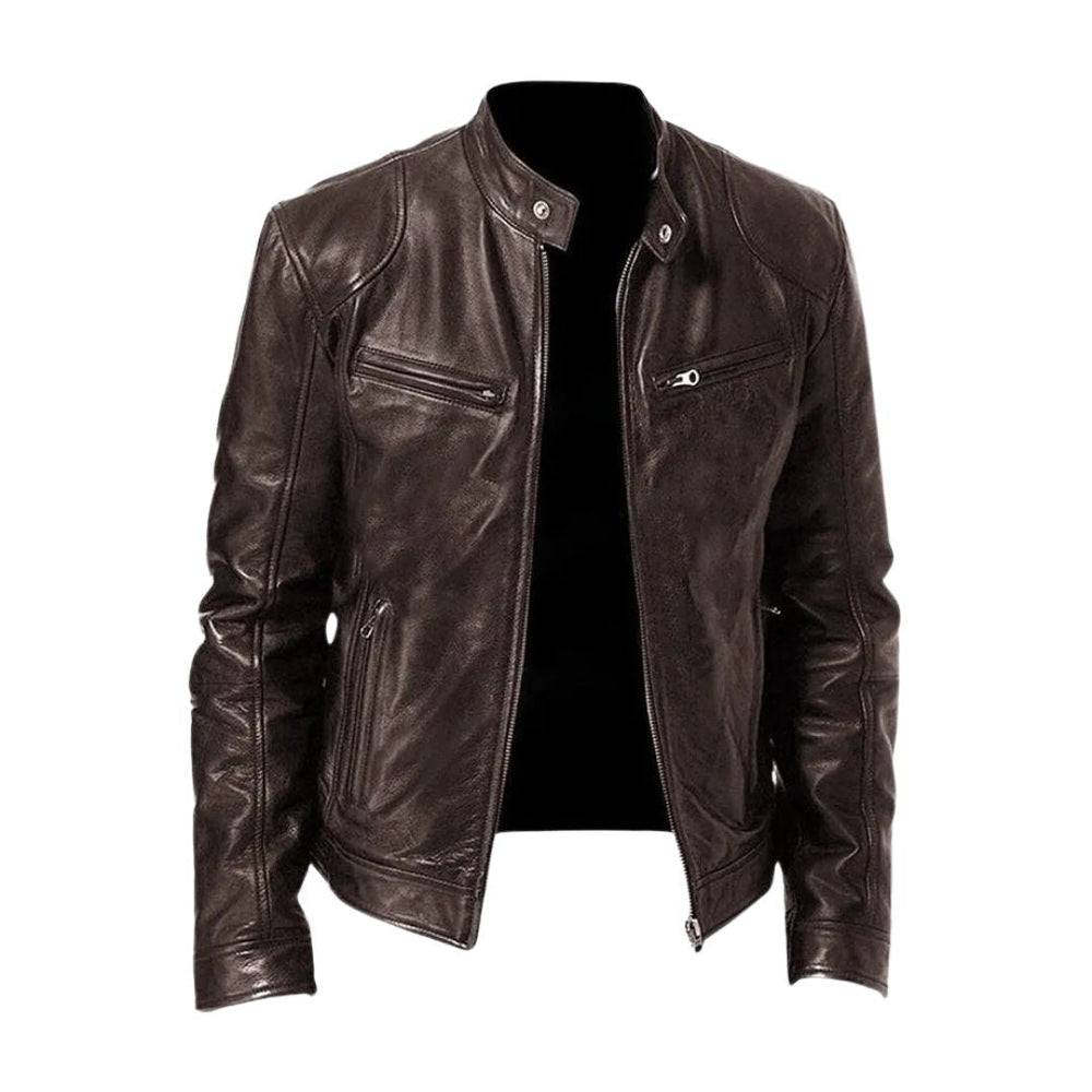 Men's zip front biker jacket with stand collar and zipped pockets