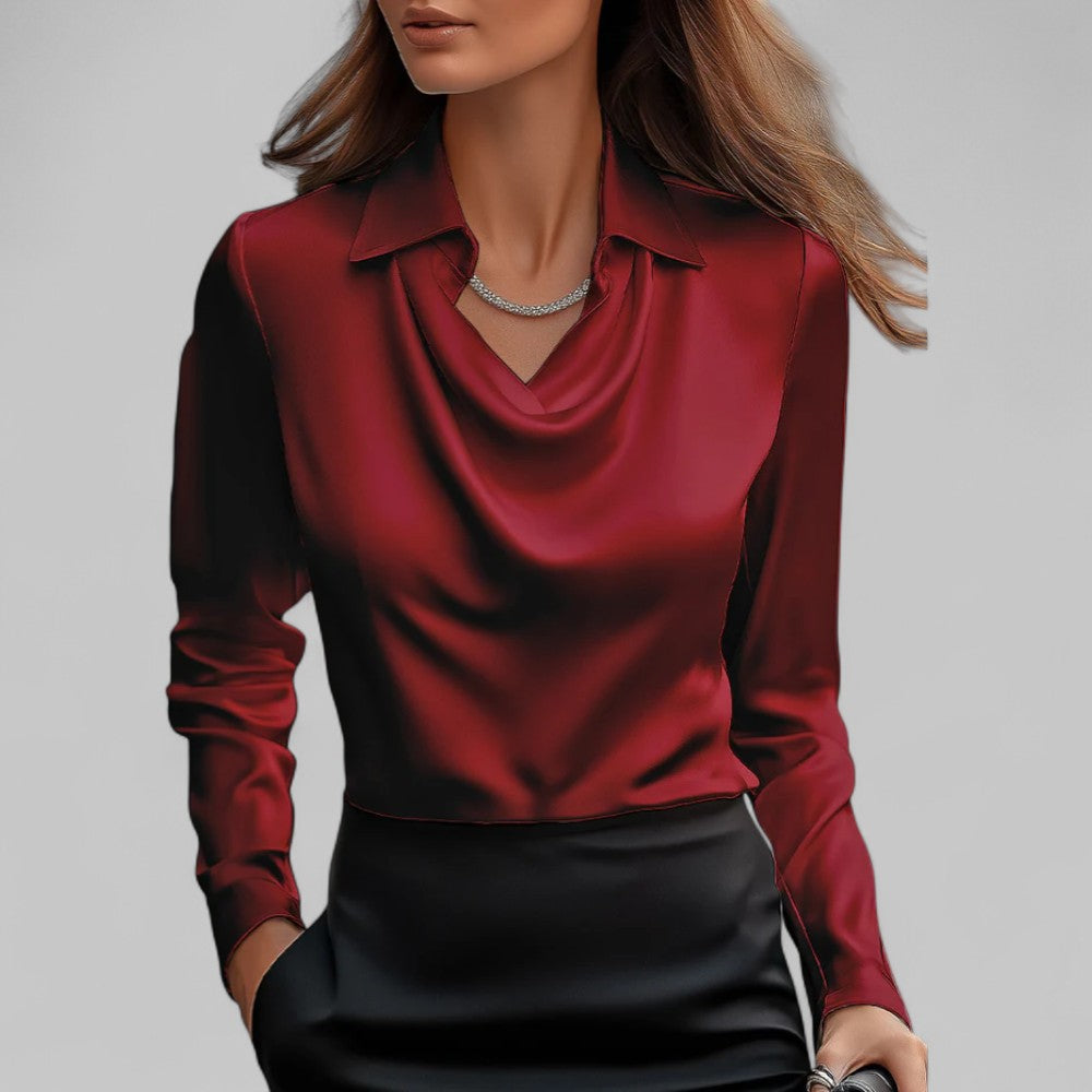 Women's long-sleeve blouse with draped neckline and pointed collar