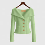 Women's ribbed button cardigan with wide collar and long sleeves