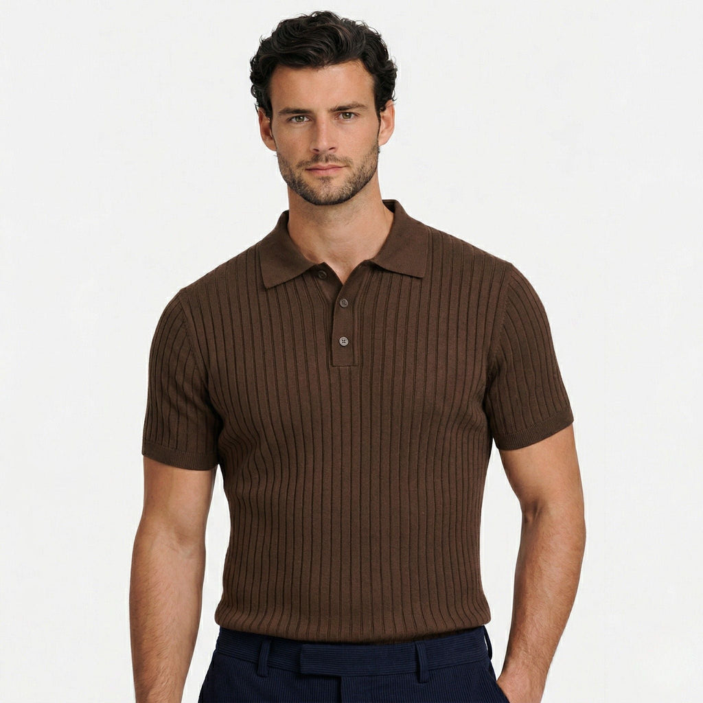 Men's ribbed knit polo shirt with short sleeves and button placket