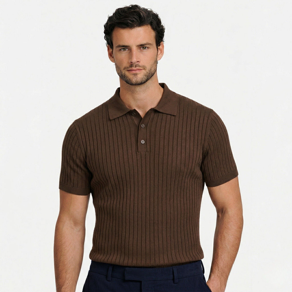 Men's ribbed knit polo shirt with short sleeves and button placket