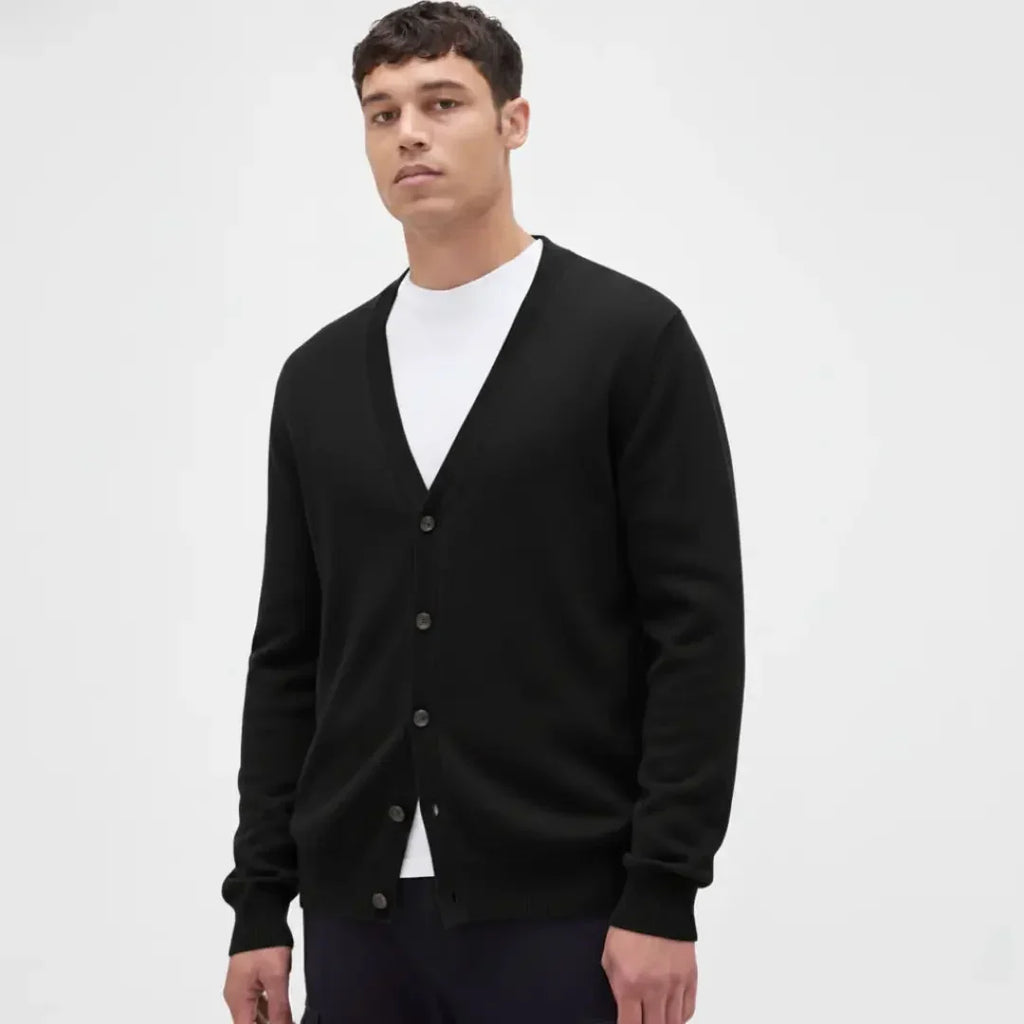 Men's V-neck knit cardigan with long sleeves and buttons