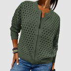 Women's open knit zip cardigan with ribbed trims and long sleeves