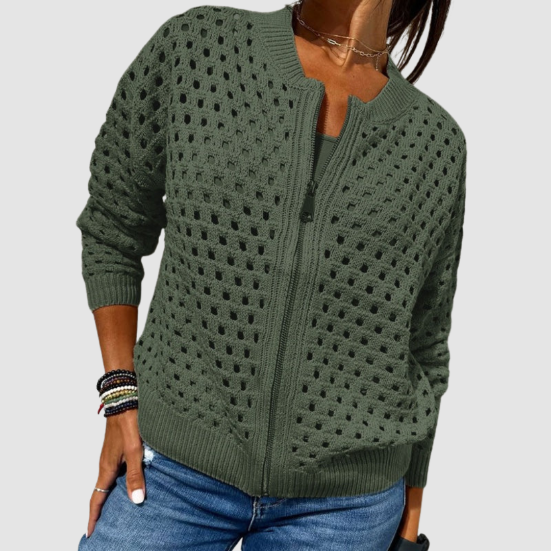 Women's open knit zip cardigan with ribbed trims and long sleeves