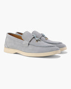 Women's slip-on loafers with moc toe stitching and metal horsebit detail