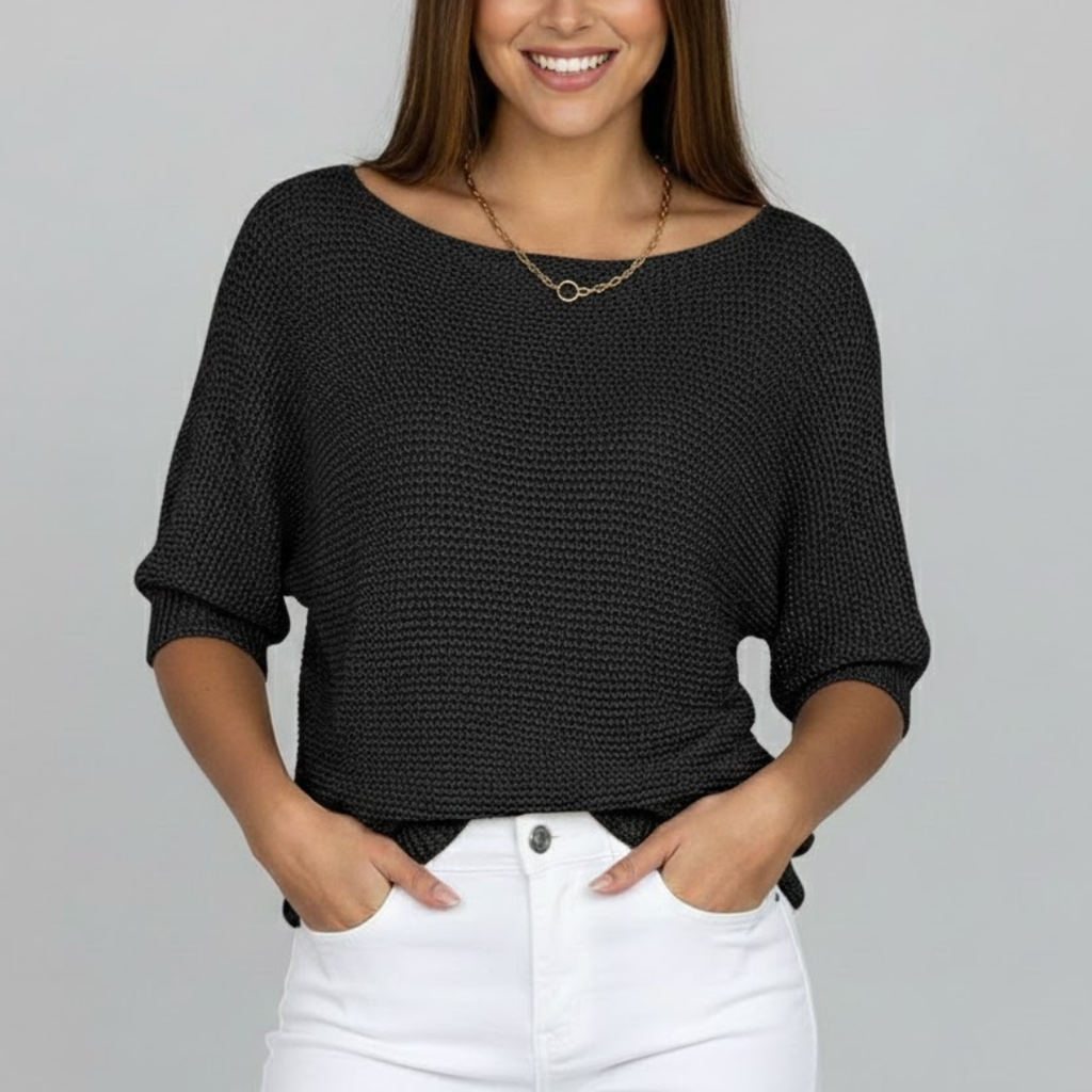 Women's textured knit jumper with wide boat neckline and three quarter sleeves