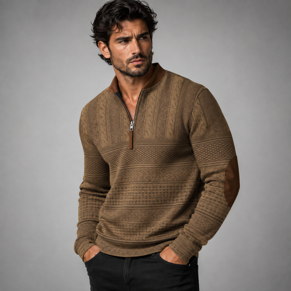 Men's patterned half-zip sweater with mock neck and brown elbow patches