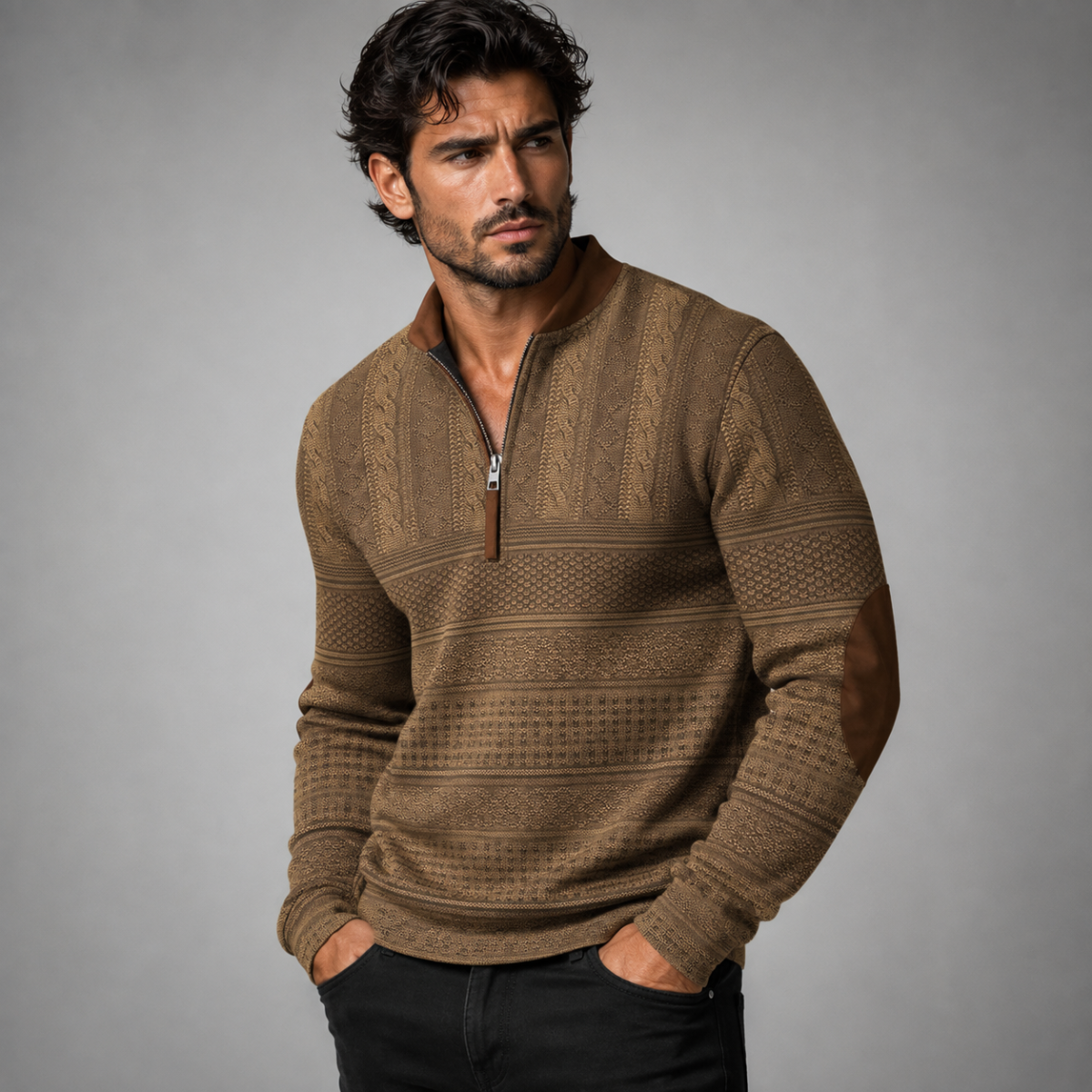 Men's patterned half-zip sweater with mock neck and brown elbow patches