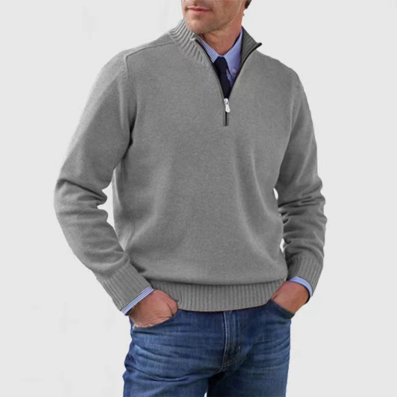 Men's quarter zip mock neck jumper with long sleeves and ribbed trims