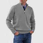 Men's quarter zip mock neck jumper with long sleeves and ribbed trims