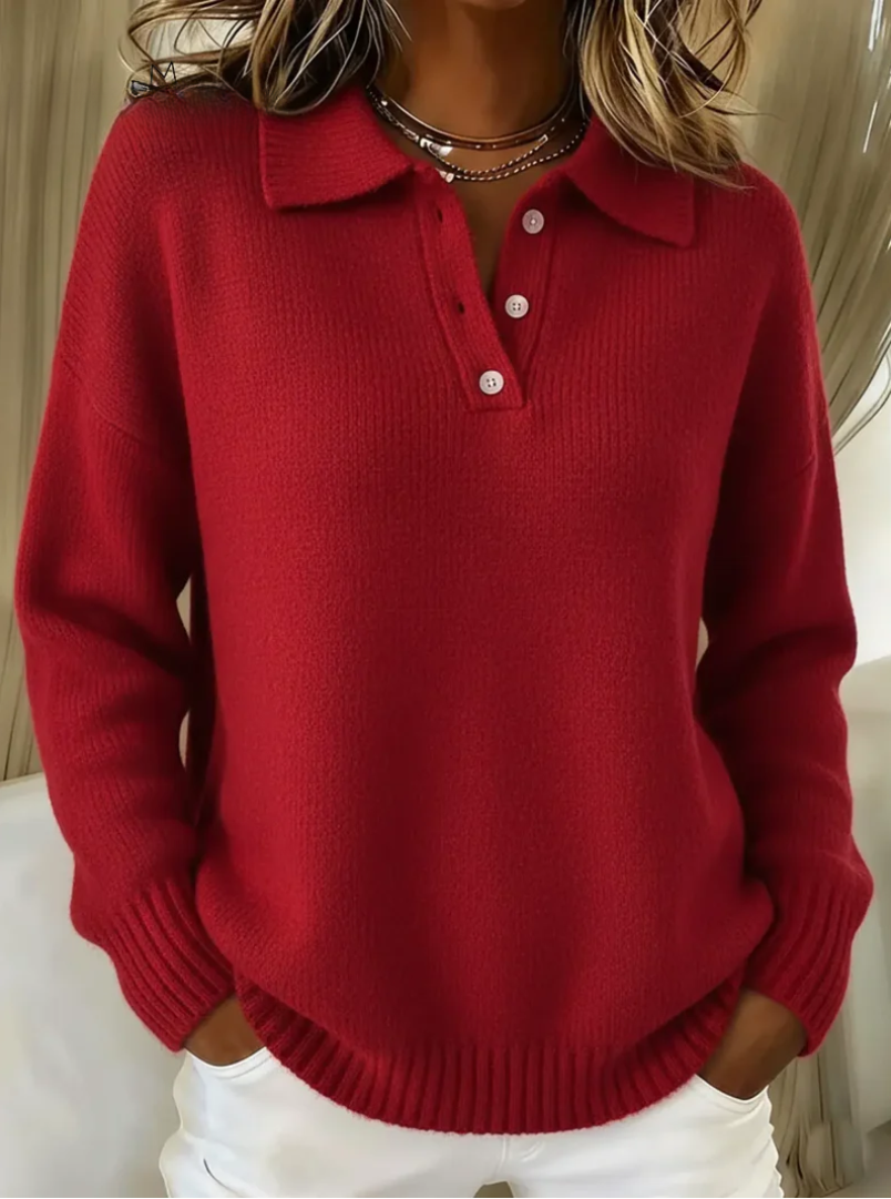Women's long-sleeve polo collar knit sweater with button placket and ribbed trims