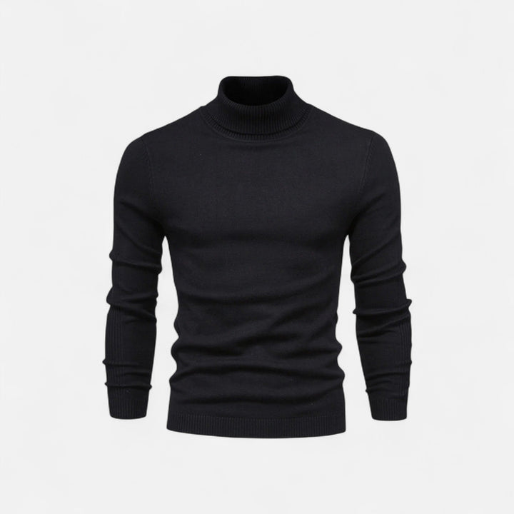 Men's half-zip knit sweater with raised turtleneck collar