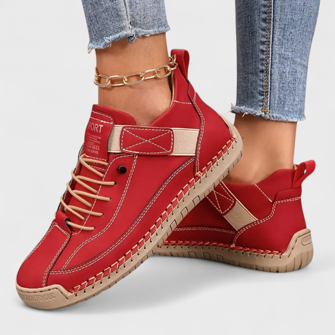 Women's lace-up casual sneakers with ankle strap, stitched panels and textured sole