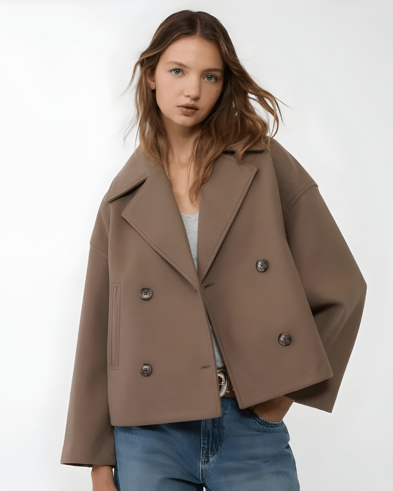 Women's short double-breasted trench coat with wide lapels