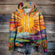 Multicolor patchwork pullover hoodie with sunburst design