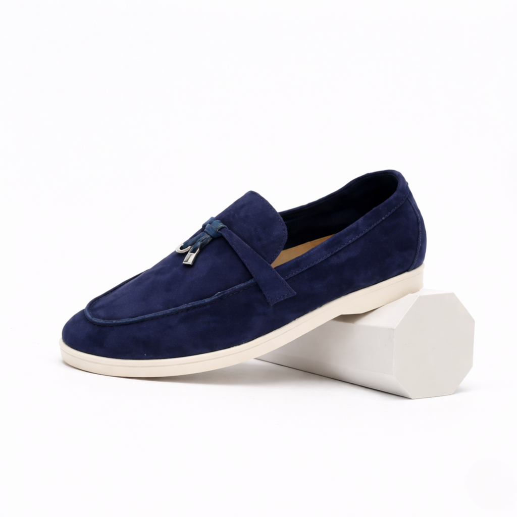 Women's slip-on loafer with rounded toe and metal vamp detail