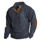 Men's ribbed quarter-button sweatshirt with stand collar and elbow patches