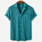 Men's short-sleeve knitted waffle shirt with notched collar and chest pocket