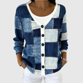 Women's blue and white geometric patchwork button cardigan with V-neck and long sleeves