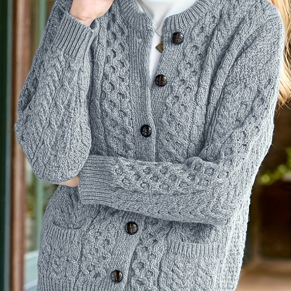 Women's textured cable knit cardigan with crew neck, long sleeves and button front
