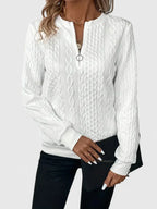 Women's textured quarter-zip sweater with long sleeves and ribbed trims