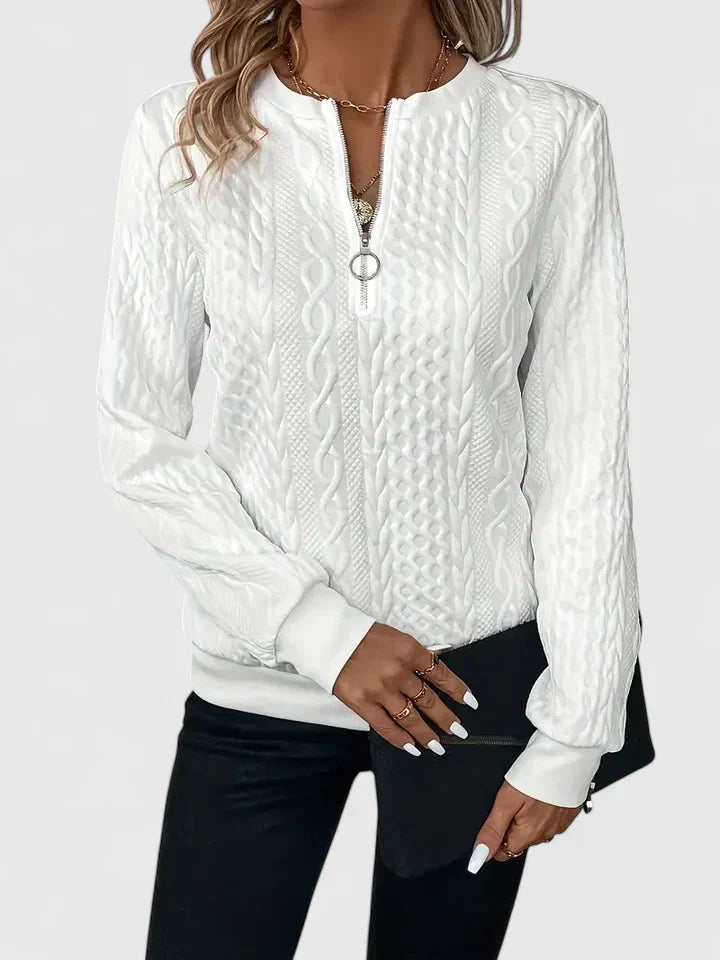 Women's textured quarter-zip sweater with long sleeves and ribbed trims